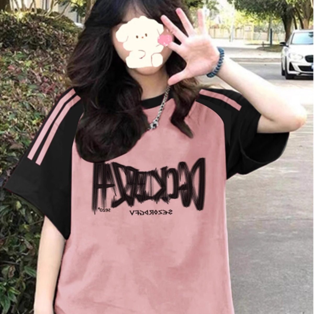 美式复古三条杠短袖t恤女大童