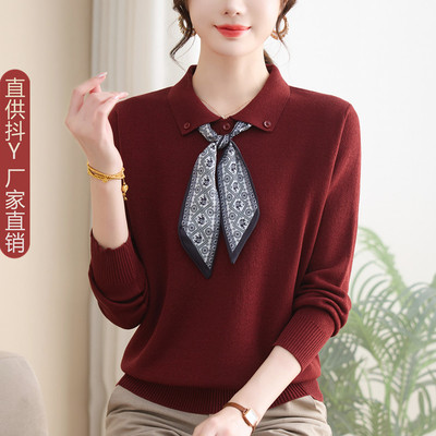 新款丝巾针织衫上衣翻领打底衫