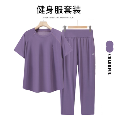 中老年人夏装女跑步运动套装上衣