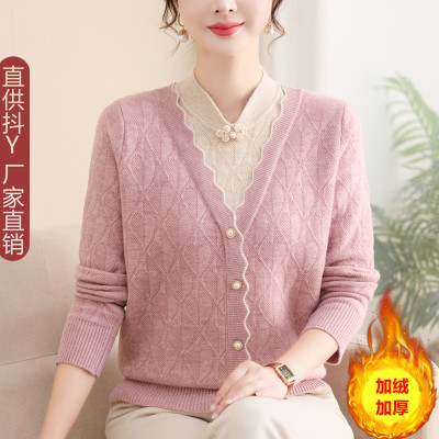 2025新款加绒加厚羊毛衫妈妈冬装假两件针织衫中老年女装保暖套装