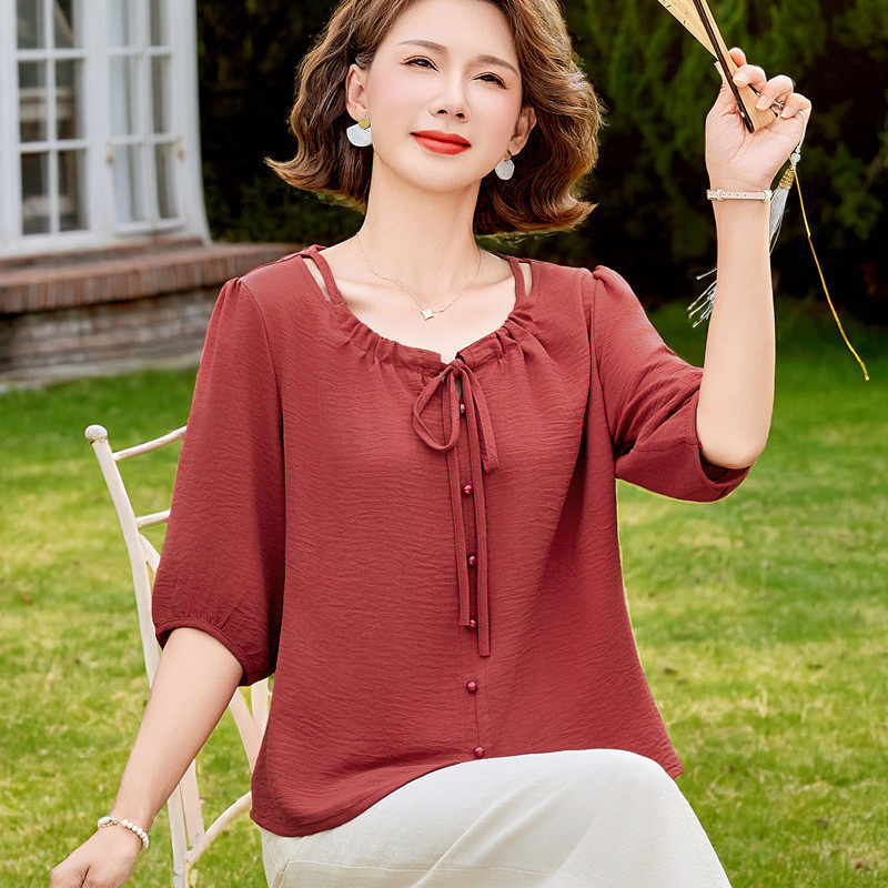 2026新款洋气中袖雪纺衫中老年女装夏季短袖T恤妈妈夏装冰丝套装