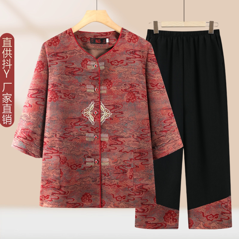 奶奶新中式套装中老年人夏装女妈妈雪纺中袖衬衫老人短袖衣服裤子