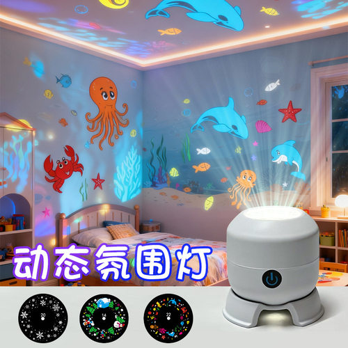 跨境LED旋转投影灯圣诞节日儿童哄睡动漫小夜灯房间卧室创意氛围