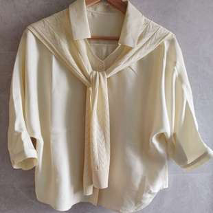 经典款淡黄色小衫搭配针织披肩翻领中袖上衣女气质款韩版减龄衬衫