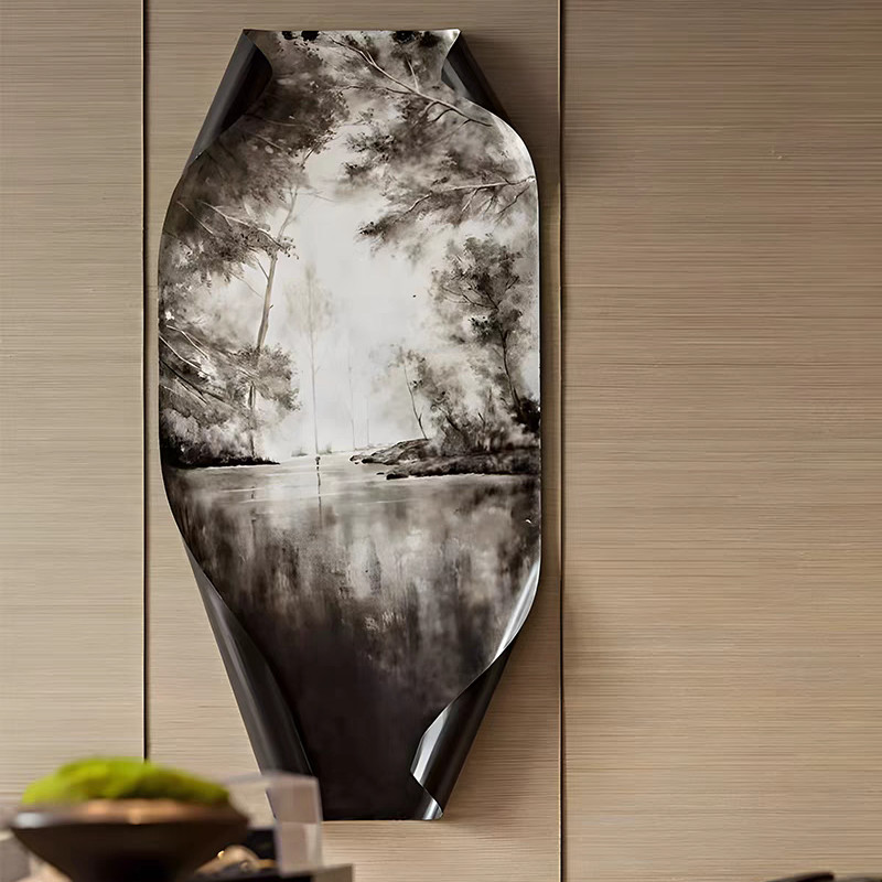 金属卷边3D立体墙饰黑白山水画壁挂装饰画酒店抽象艺术装置画挂画