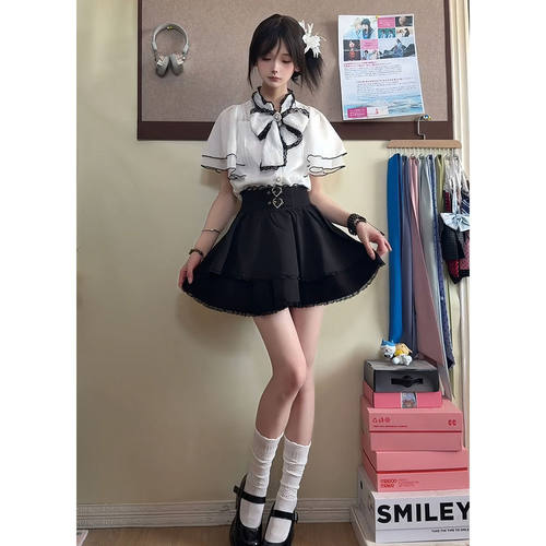 夏季rojita清楚系日系甜美蝴蝶结气质上衣衬衫+短裙两件女