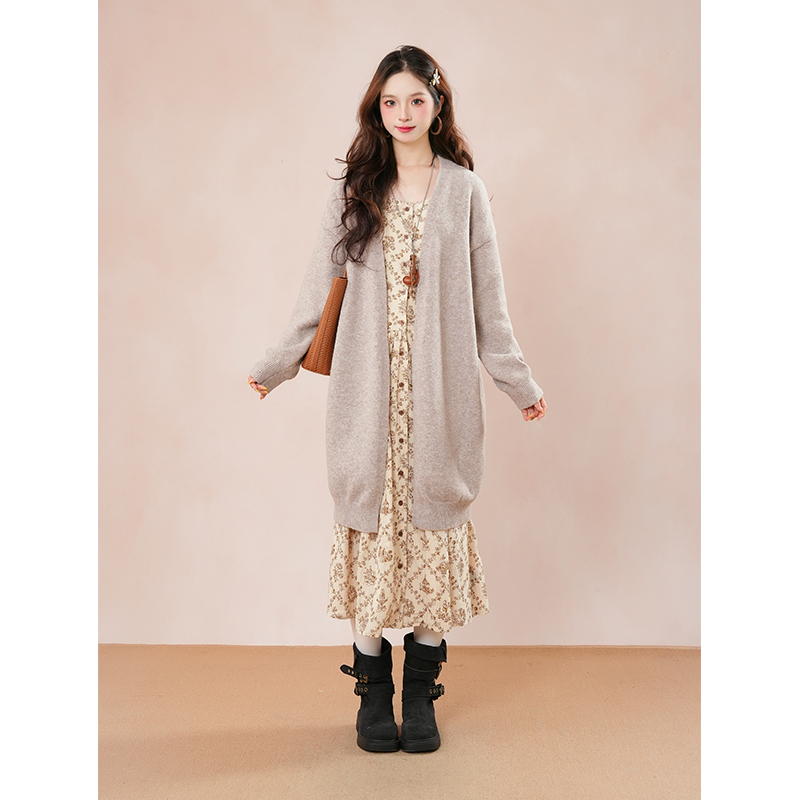 【糖炒栗子】复古小众森系开衫外套+碎花连衣裙两件套女早秋穿搭