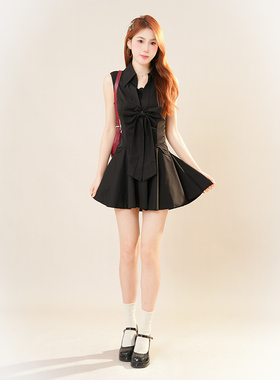纯欲辣妹收腰显瘦黑色蝴蝶结无袖连衣裙女夏季新款a字收腰短裙