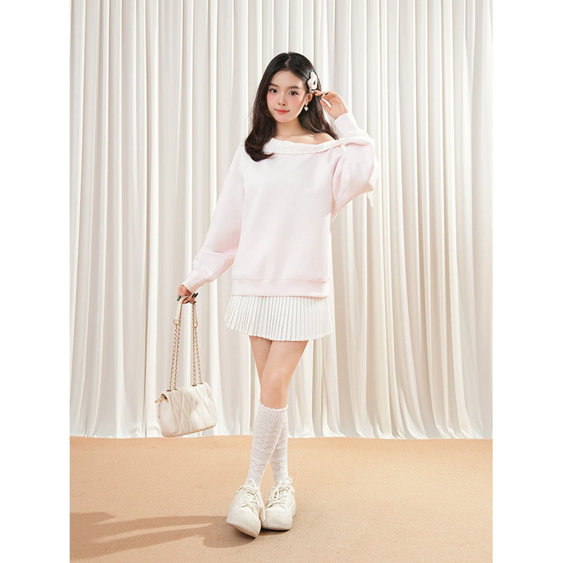 【斜肩系带卫衣】蝴蝶结绑带斜肩卫衣女套头早秋上衣百褶短裙套装,女装/女士精品,时尚套装,淘宝优惠券,粉丝福利购,淘宝优惠卷