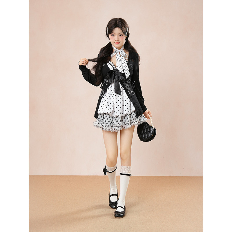 【波波奶茶】vintage古着甜系套装蕾丝开衫波点吊带半身裙三件套~,女装/女士精品,时尚套装,淘宝优惠券,粉丝福利购,淘宝优惠卷