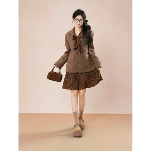 连衣裙两件套装 碎语温仪 系带碎花长袖 外套 韩系复古棕色毛呢西装