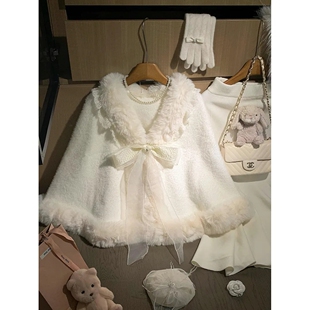 2025秋冬新款 半身裙两件套 千金风甜美蝴蝶结毛茸茸白色斗篷外套