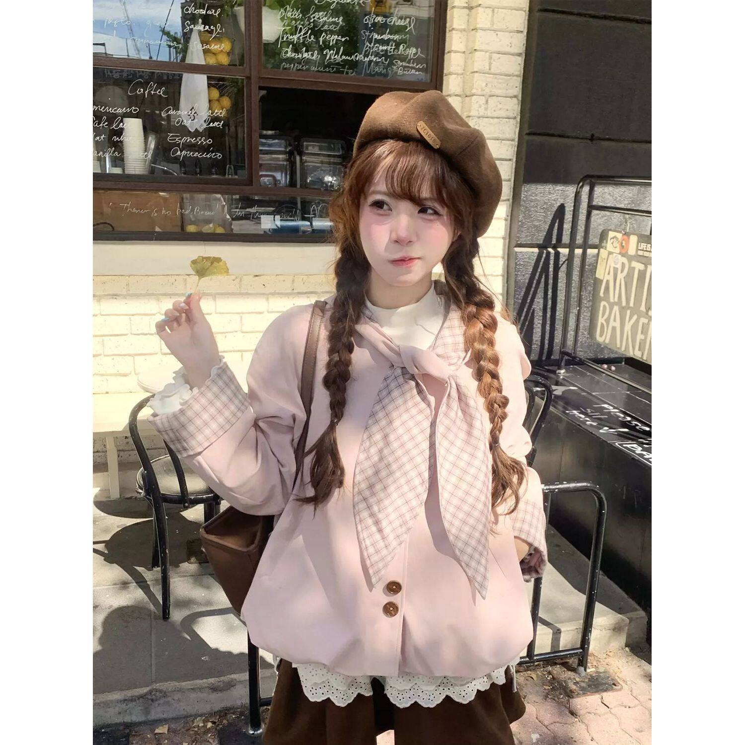 粉格信笺 韩系少女格纹拼接风衣+蕾丝内搭+咖色半身裙三件套