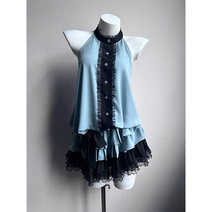 复古感日系减龄挂脖宽松雪纺连衣裙夏季新款收腰显瘦蓬蓬裙