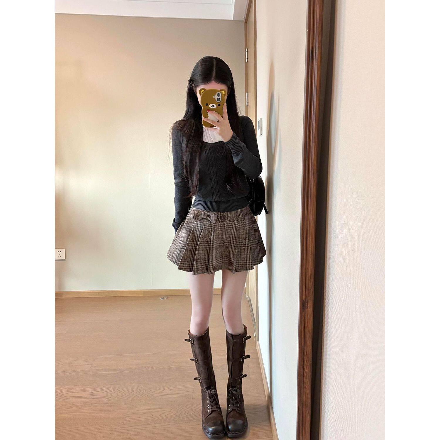 都市环游 拼接假两件修身显瘦针织衬衫+蝴蝶结格纹百褶短裙两件套