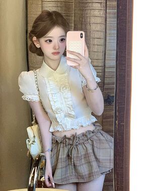 dating日 甜美少女夏日花朵翻领收腰短袖衬衫+格纹花苞裙裤套装女