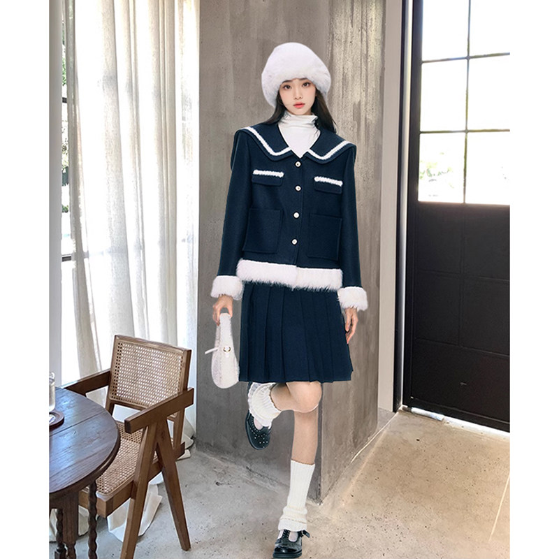 秋冬2025新品千金财阀加厚藏青小香风夹棉外套女韩版毛呢套装裙,女装/女士精品,时尚套装,淘宝优惠券,粉丝福利购,淘宝优惠卷