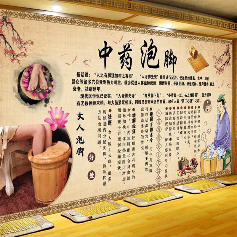 中药泡脚背景墙纸泡脚的好处简介壁画中医养生馆足浴店足疗壁布