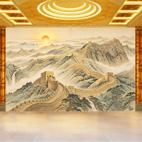 万里长城山水背景墙纸中式旭日东升龙抬头办公室壁画客厅酒店壁纸