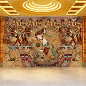复古敦煌莫高窟飞天壁画反弹琵琶画像壁纸酒店茶室佛堂背景墙纸
