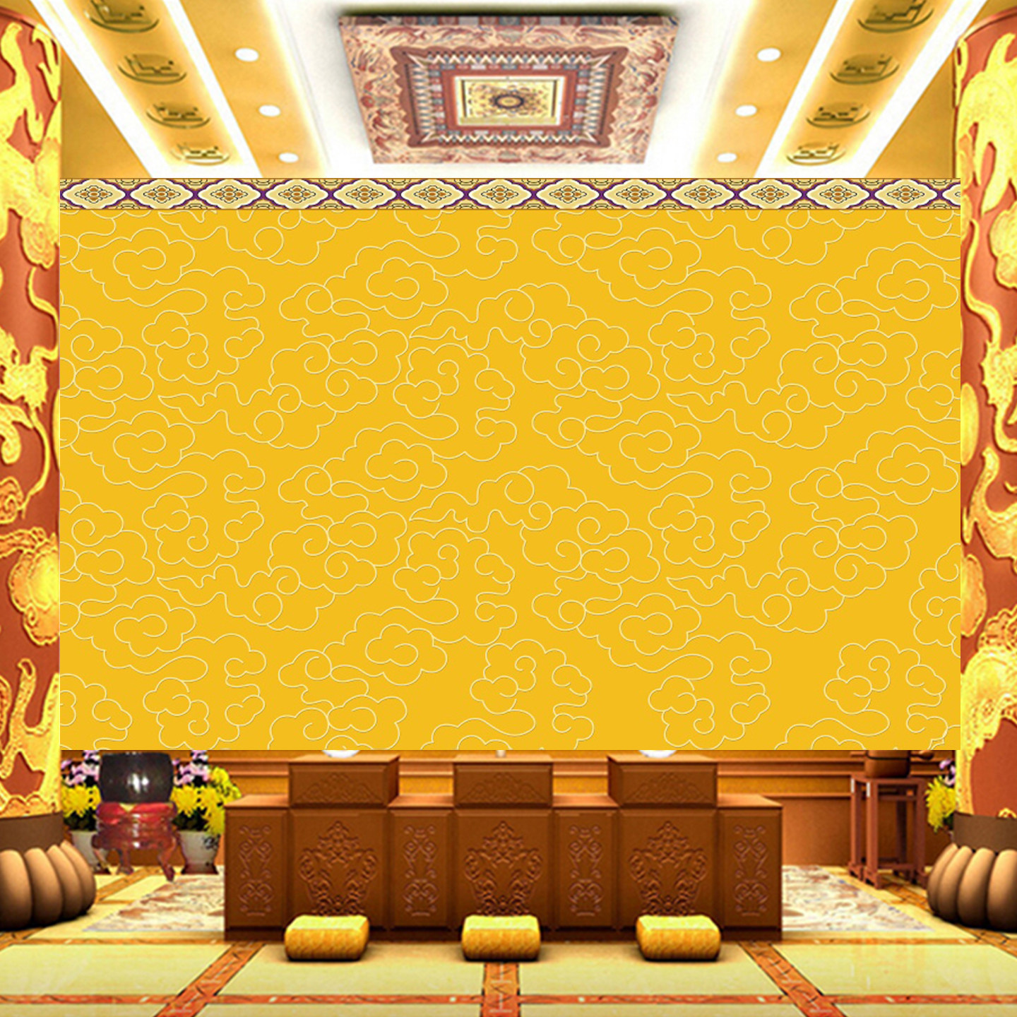 金色祥云壁画祥云梁纹寺庙佛堂背景墙纸全屋定制佛道仙家神台壁纸