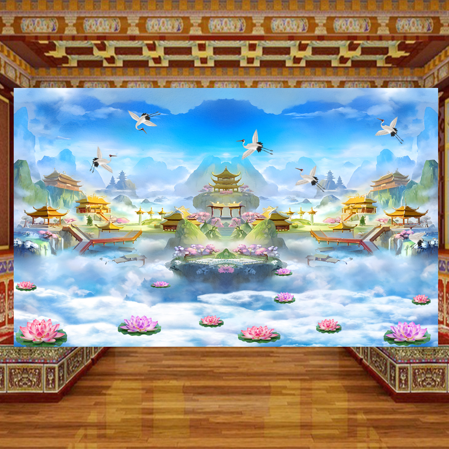 佛堂山水楼阁天宫仙境背景墙纸荷花仙鹤壁画寺庙道观神台供奉壁纸,家装主材,定制壁画,淘宝优惠券,粉丝福利购,淘宝优惠卷