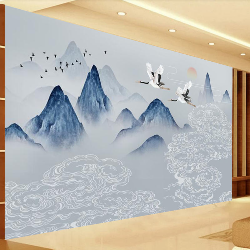 佛堂山水画祥云仙鹤壁纸祠堂寺庙背景墙纸古风高山祥云茶室壁画