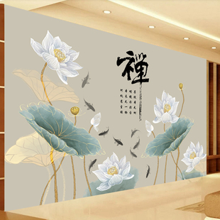 禅意莲花九鱼图禅房茶室壁画佛堂供佛背景墙纸寺庙祠堂佛道仙壁纸