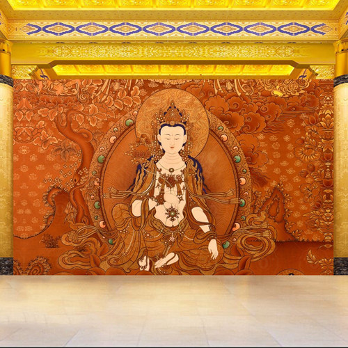 红金唐卡观音菩萨背景墙纸佛堂藏式普贤菩萨壁画佛家佛像墙布壁布