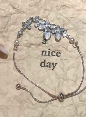 蓝色渐变花朵抽拉可调节手链女古风清冷感小清新温柔新中式手饰