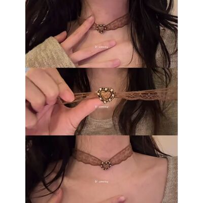 温莎往事 咖色蕾丝爱心choker项链配饰秋冬复古百搭高级感颈链女