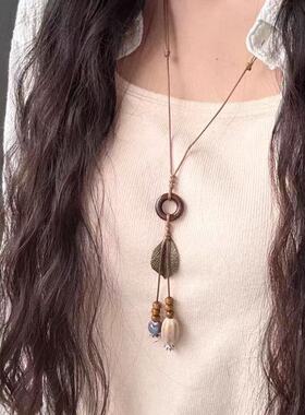 「biu boom」新中式长款树叶流苏项链国风高级感波西米亚风锁骨链