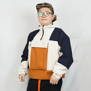 速食家 拼接拼色户外夹克男冲锋衣外套头半开胸宽松加大210斤潮