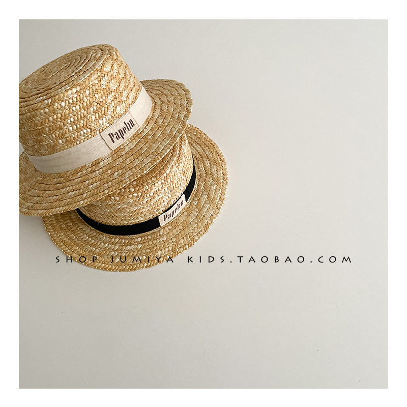 时髦百搭小物~ins韩国宝宝草帽平顶麦秆夏季洋气沙滩帽儿童帽子潮