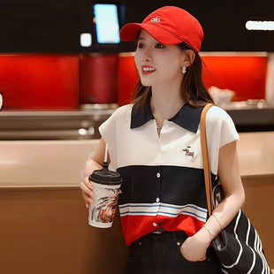 针织衫 2025年夏季 polo领洋气百搭短袖 新款 女气质撞色拼接上衣 韩版