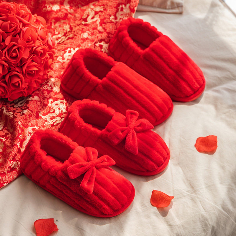 结婚棉拖鞋女冬季一对喜庆大红色蝴蝶结婚庆棉拖情侣包跟居家室内