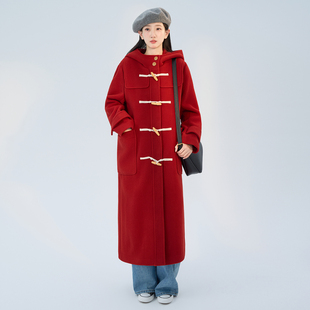 可定制日系学院宽松红色结婚订婚双面羊绒羊毛厚实牛角扣大衣外套