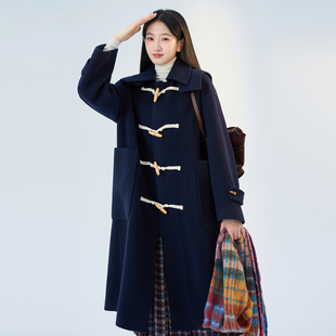 秋冬日韩剧同款藏青色学院风连帽厚实保暖宽松牛角扣长款毛呢大衣