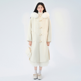 乳白色月光白日系文艺宽松慵懒长款真狐狸毛领厚实牛角扣大衣外套