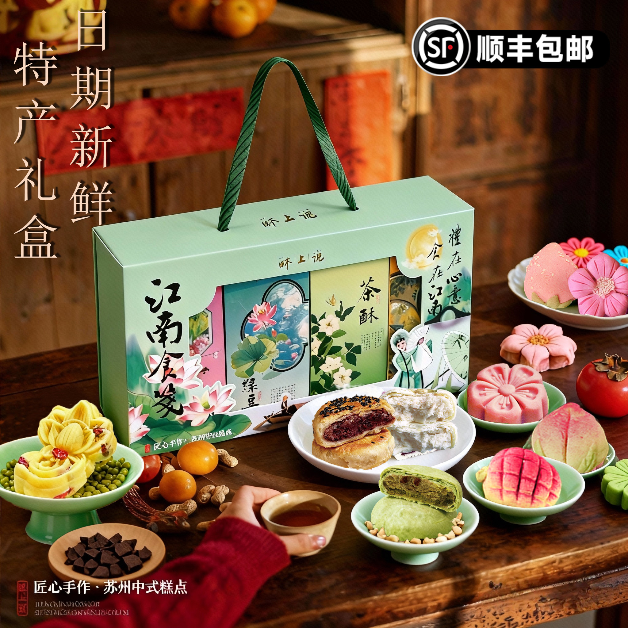 新年中式糕点礼盒装碧螺春茶饼花酥绿豆糕春节送礼苏州特产伴手礼