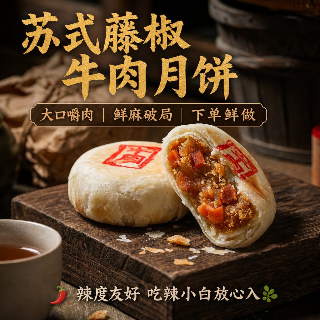 香辣麻辣藤椒牛肉月饼微辣手工牛肉馅料咸口酥皮辣月饼苏式礼盒装