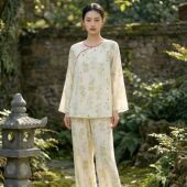 宽松透气居家两件套 纯棉双层棉纱面料 国风素雅女式 睡衣