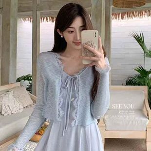 2025春夏蕾丝短款针织衫配裙子的开衫轻奢小衫超好看温柔独特上衣