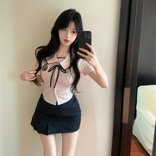 夏季新款韩系jk制服学院风套装夏甜辣妹收腰短袖高腰包臀百褶裙