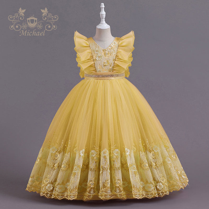 2023年新款女童长裙礼服裙网纱公主裙女童主持走秀钢琴表演演出裙