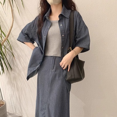 港味复古条纹短袖牛仔衬衫上衣女春夏季高腰中长款半身裙两件套装