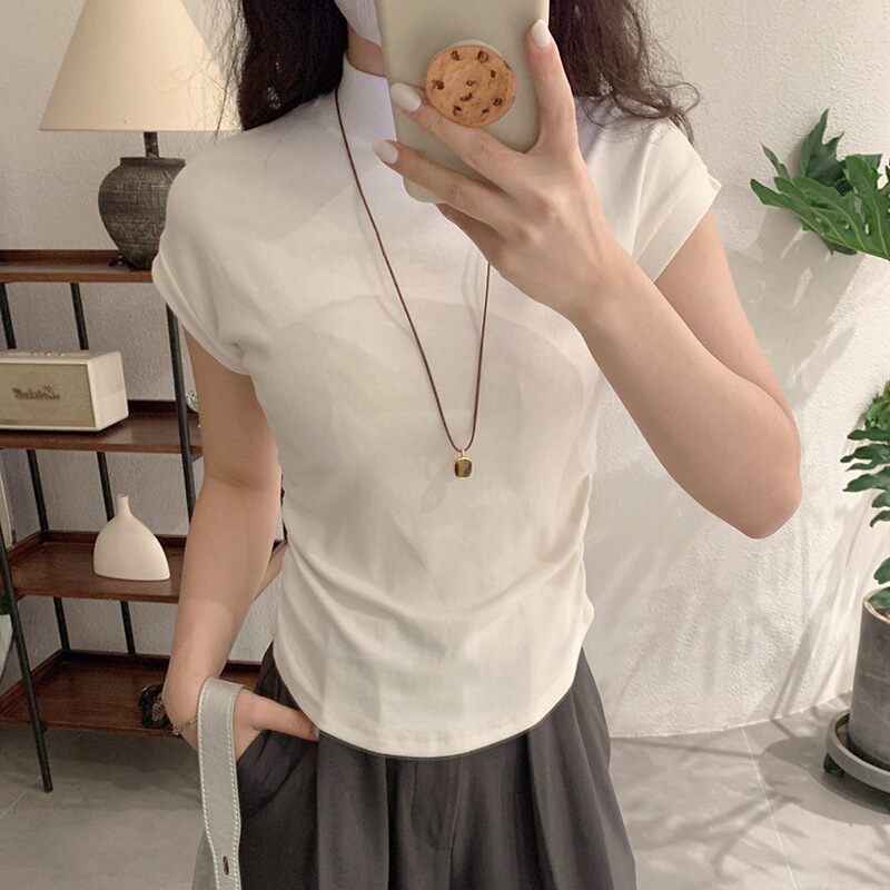 美式复古立领短袖上衣女秋季计感双侧褶皱收腰显瘦内搭打底衫T恤