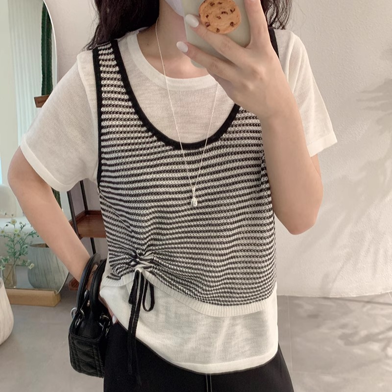 设计感小众撞色条纹短袖针织衫女夏季假两件抽绳显瘦T恤别致上衣