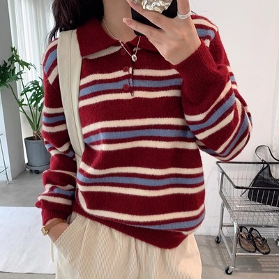 复古撞色翻领条纹长袖针织衫女秋韩系休闲学院慵懒风宽松显瘦上衣