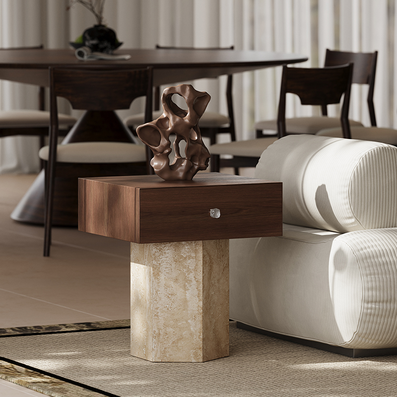 侘寂风实木洞石茶几客厅家用